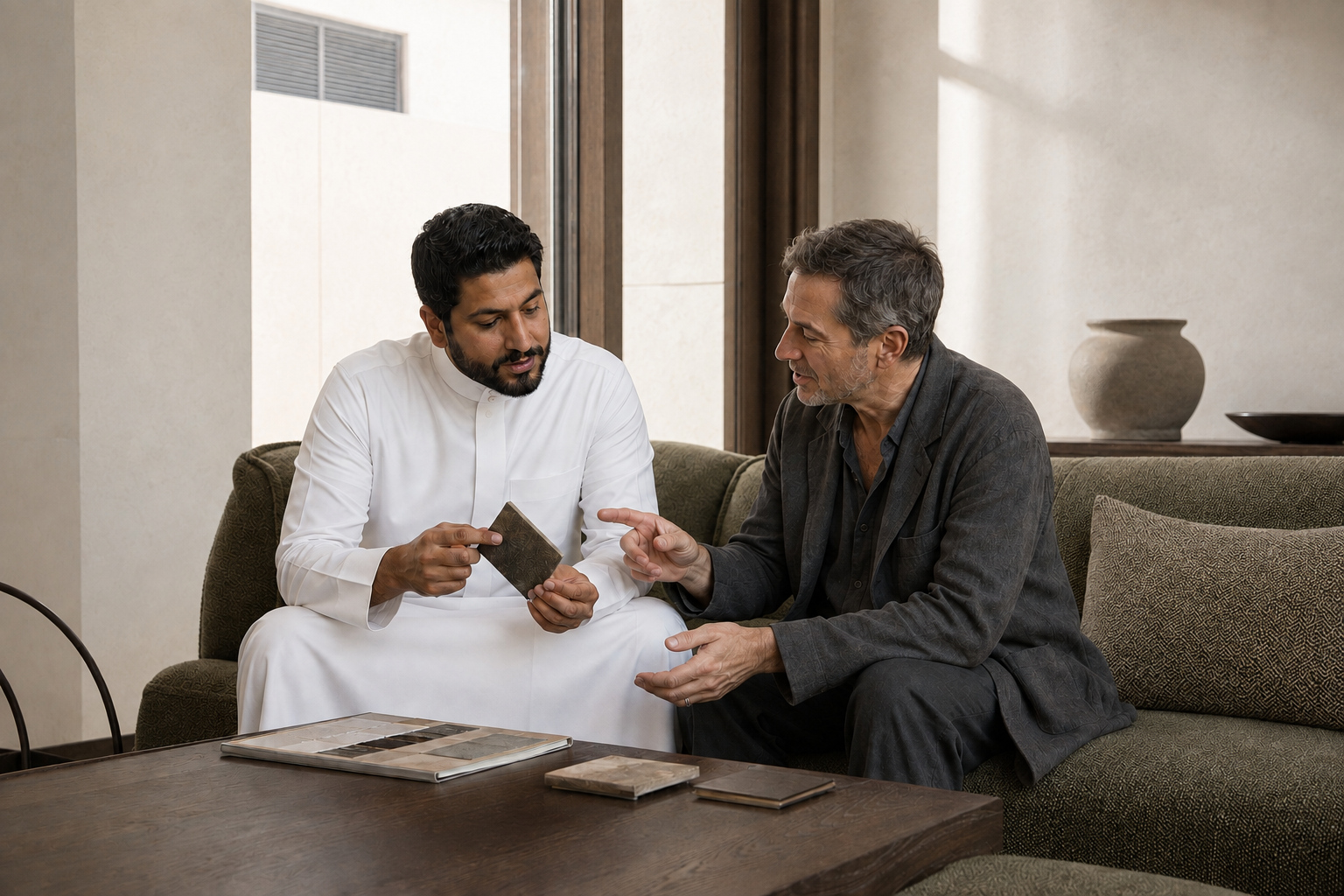 A Saudi professional and international collaborator discussing the possibilities of a building