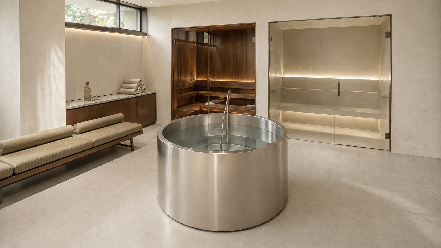 A round, raised cold plunge in a mineral-toned thermal suite with separate sauna and steam rooms