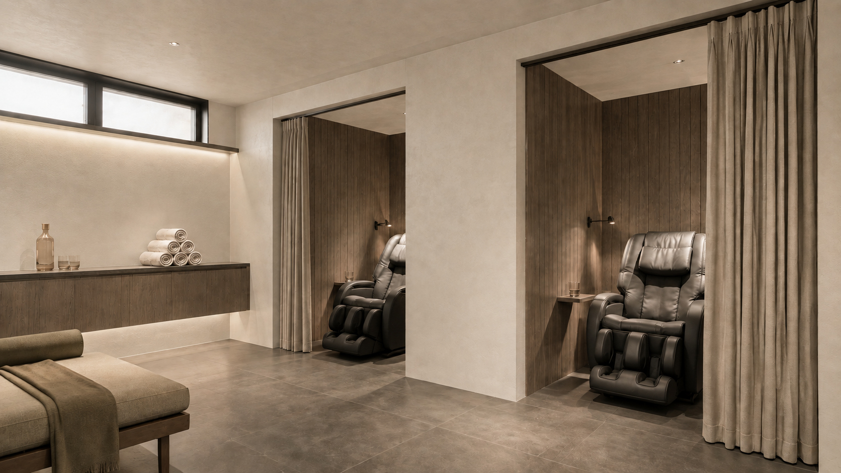 Recovery chairs in their own private, softly lit recovery lounge