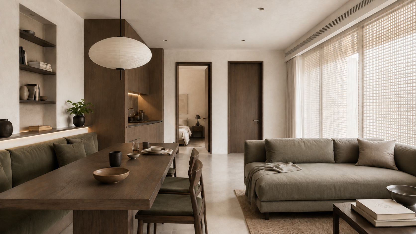 A two-bedroom residence: an intimate dining area opening onto a warm living room
