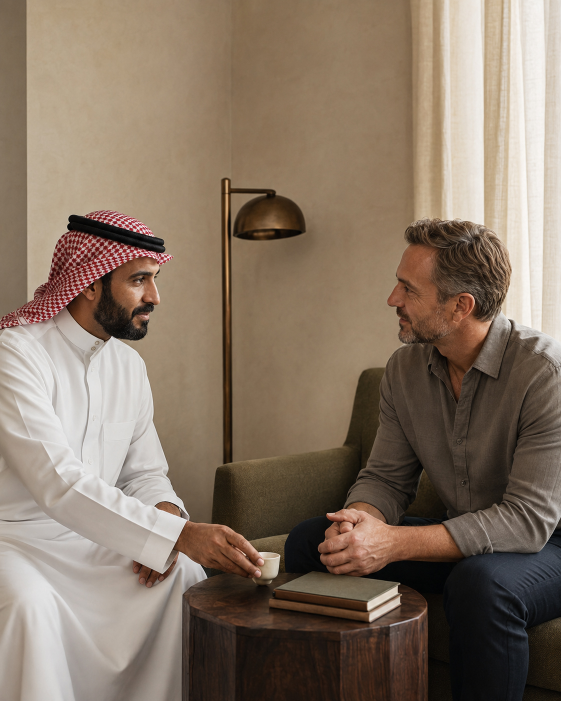 A Saudi host sharing a quiet conversation over coffee
