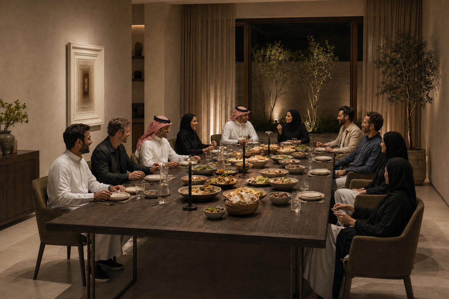 Saudi and international guests sharing food and conversation around a generously laid dining table