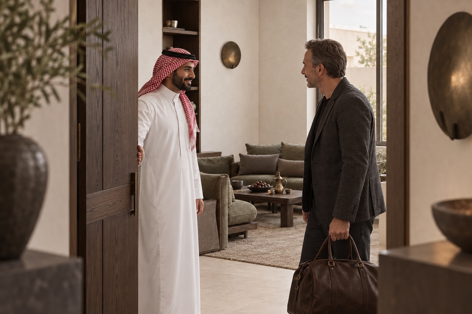 A Saudi host opening the door to welcome an arriving guest into the house