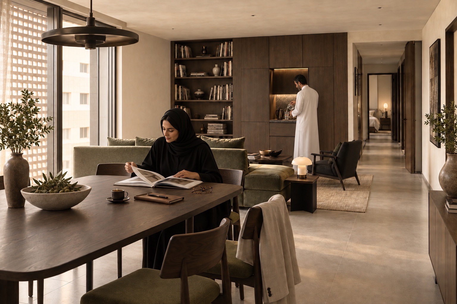 A resident absorbed in a book while another prepares water in the kitchen, with generous personal space