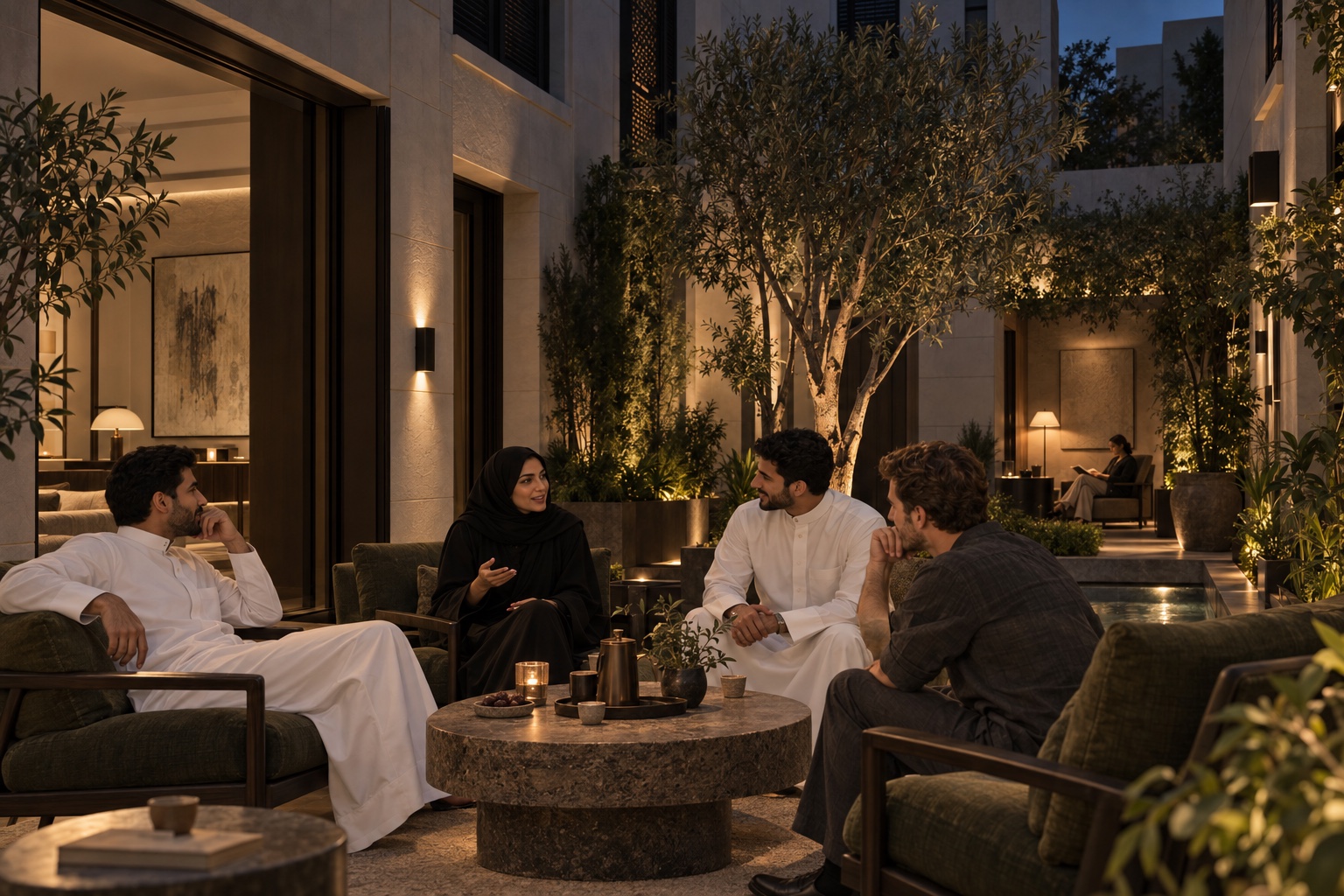 An evening conversation in Fay’s urban courtyard, with a quiet reader in a separate seating area