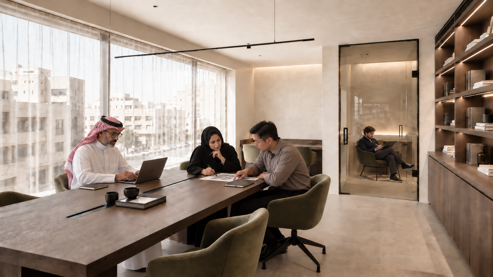 Saudi and international professionals working at a laptop, discussing a document and using an iPad in a private room