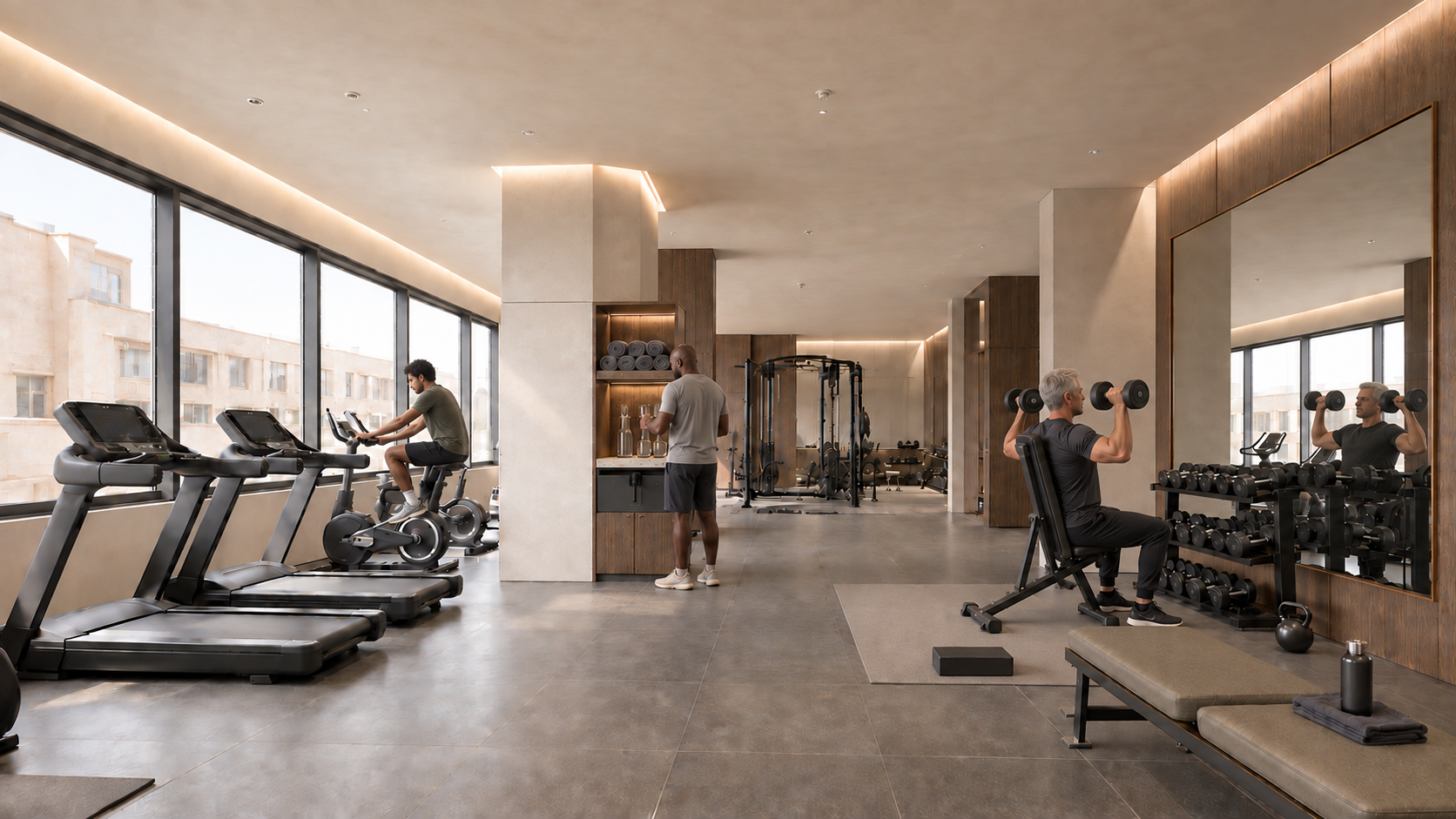 Guests training shoulders, cycling and taking water in a fully equipped gym